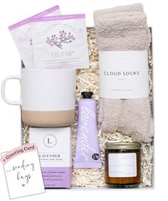 the spa gift box is packed with towels, soaps and other items