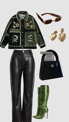 Mystic Outfits, Green Vision Board, Aesthetic Emerald Green, Concert Style Outfits, Graduation Outfit Ideas For Guest, Green Fall Outfit, Emerald Green Interior, Winter Clubbing Outfit, Green Mood Board