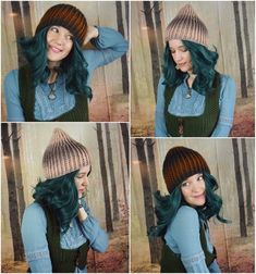 four pictures of a woman with green hair wearing a knitted beanie hat and scarf