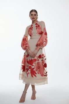 Tall Applique Organdie Woven Midi Dress | Karen Millen Feminine Midi Dress With Sheer Sleeves For Cocktail, Feminine Long Sleeve Organza Dress, Silk Dress With Embroidered Long Sleeves, Silk Long Sleeve Dress With Embroidered Sleeves, Long Sleeve Organza Dresses For Spring, Spring Embroidered Organza Dress For Party, Summer Embroidered Organza Dress For Party, Summer Party Embroidered Organza Dress, Spring Party Embroidered Organza Dress