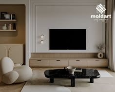 a modern living room with white furniture and a flat screen tv mounted on the wall