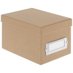 a brown box with a white label on the lid and a metal latch is shown