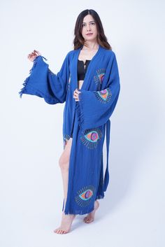 Handmade Evil Eye Boho Festival Kimono, Boho Beachwear, Beachwear Cover Up, Ethnic Kimono, Cardigan, Bathrobe, Morning Robe, Spa Robe - Etsy Multicolor Bohemian Cotton Cover-up, Bohemian Multicolor Cotton Cover-up, Blue Cotton Kimono For Beach Cover-up, Folk Style Cotton Kimono For Spring, Bohemian Wrap Robe For Festivals, Bohemian Long Sleeve Kimono For Beach Season, Bohemian Blue Robe For Loungewear, Long Embroidered Cotton Kimono, Free Size Bohemian Robe For The Beach