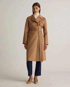 Double-Faced Merino Wool Trench Coat Belted Wool Coat With Lapel Collar For Work, Belted Wool Coat With Notch Lapel, Business Wool Outerwear With Self Belt, Long Wool Coat With Self Belt For Work, Wool Coat With Self Belt For Workwear, Fall Wool Outerwear With Self Belt, Wool Outerwear With Self Belt For Fall, Tailored Fall Outerwear With Self Belt, Office Long Coat With Belt Loops