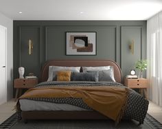 a bedroom with a bed, nightstands and pictures on the wall above it in shades of green