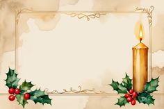 a christmas card with a candle and holly leaves on it, in front of a watercolor background