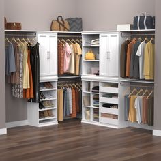 an organized closet with clothes and handbags