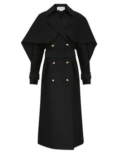 The Cape Trench Coat in Black from our Resort 2025 Collection, Crush. A wool blend trench coat featuring front pockets, neckline frill detail and a wrap around waist belt. Double-breasted Wool Outerwear For Evening, Wool Outerwear With Double-breasted Button For Evening, Evening Wool Outerwear With Double-breasted Buttons, Evening Wool Outerwear With Double-breasted Button Fastening, Evening Wool Outerwear With Double-breasted Fastening, Luxury Gabardine Outerwear For Fall, Black Cape Coat, Coat For Woman, Resort 2025