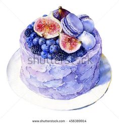 a watercolor painting of a cake with figs and blueberries on top,