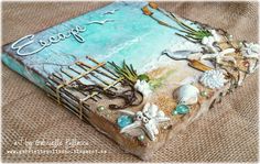 an altered book with seashells and words on it