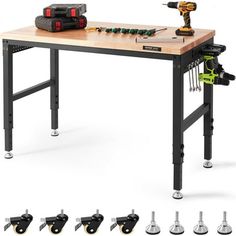 a workbench with various tools on it