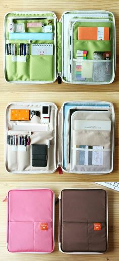 four different types of travel bags sitting on top of a wooden table