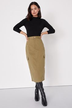 Your aesthetic will always be exceptional when you've got the Lulus Stylish Expression Olive Green Utility Midi Skirt! Stretchy woven fabric shapes this on-trend skirt that has a high waist, belt loops, and a hidden zip fly with top button closure. Skirt boasts two utility pockets at the sides, finishing at a midi hem. Kick pleat at back. Fit: This garment fits true to size. Length: Mid-calf length. Size medium measures 32" from waist to hem. Waist: Fitted - very fitted at natural waist. Hip: Lo