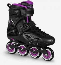 the roller skates have purple wheels and are black with white spokes on them