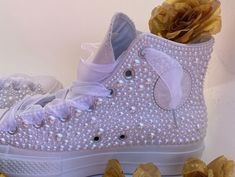 Gorgeous bling Converse! Perfect for any special occasion.  Please note both pricing options, one is the customizing only the se cons includes the sneaker as well. . Bedazzled Converse, Bedazzled Shoes Diy, Wedding Miscellaneous, Bedazzled Shoes, Tie Sneakers, Bling Converse, Shoes Bride, Custom Shoes Diy, Wedding Converse