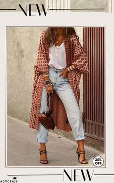 Digital Print Long Sleeve Cardigan Coat Cami And Jeans, Moda Kimono, Look Boho Chic, Boho Mode, Mode Kimono, Mode Hippie, Mode Boho, 가을 패션, Sleeve Cardigan