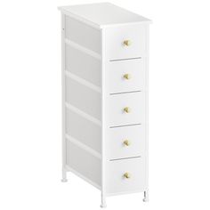 a white cabinet with five drawers and brass knobs on the bottom, against a white background