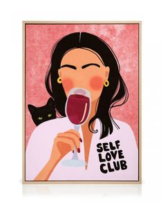 a woman holding a wine glass with her mouth open and a black cat in the background