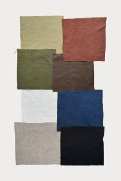 six different colors of fabric on a white background