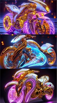 two different views of a motorcycle with neon lights on the front and rear wheels,