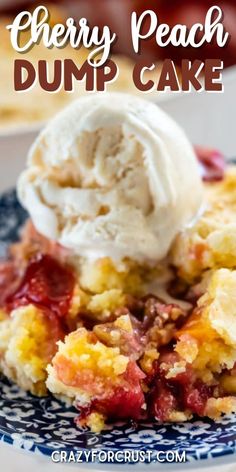 a piece of cherry peach dump cake on a blue and white plate