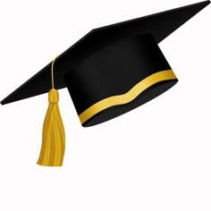 a black and gold graduation cap with a tassel on it's end is flying in the air