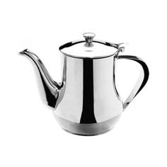 a stainless steel teapot with a lid and handle on the side, set against a white background