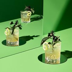 two glasses filled with lemonade and garnishes on a green table top