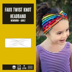 "Faux twist knot headband Baby-Adult size PDF sewing pattern, instant download, tutorial Make pretty headbands with a fun twist for yourself and your kids Options to make wide or narrow headbands (hårband eller pannband) Tutorials with illustations included, in both Swedish and English Measure your head circumference, and make the size that matches your measurements the best!  Sizes 36-60 (Baby - adult) This PDF-pattern includes: *A4 pattern file *US letter pattern file *PDF files with illustrat Knotted Baby Headband, Pretty Headbands, Kids Sun Hat, Headband Tutorial, Hat Tutorial, Star Headband, Bandana Baby, Top Knot Headbands, Baby Pregnancy