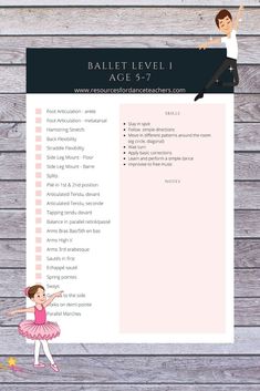 Ballet Skills Checklist, Dance Class Curriculum, Dance Skills Checklist, Ballet Checklist, Baby Ballet Class Ideas, Dance Class Ideas, Dance Checklist, Toddler Dance Classes