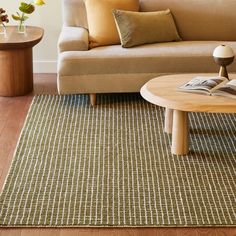 a living room scene with focus on the coffee table and rugs in front of the couch