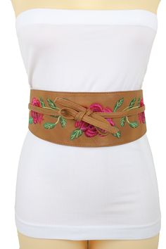 Style : Fashion wrap around tie kimono style belt / High Waist or HipCondition : Brand NewColor : Brown faux leather wide strap + red, pink, and green flower stitches embroidery detail Size: One Size Belt - Adjustable Can Fit Size XS - Medium Waist Size: About 25" - 38" Belt Width : About up to 4" width Very Special Fashionable Asian Style Belt Beautiful For A Very Special Day And For A Going Out Party Night. Women fancy chic floral fashion style filigree belt Brand New Trendy Urban Women Waistb Flower Stitches, Kimono Obi, Fashion Feminine, Bling Fashion, Stitches Embroidery, Obi Belt, Dressy Fashion, Kimono Style, Floral Fashion