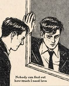 a man is looking at himself in the mirror with his hand on his head and another man's reflection behind him