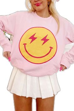 Striking Smiles Lightning Bolt Smiley Crewneck | Sassy Shortcake Cute Pink Smiley Face Top, Fun Pink Smiley Face Tops, Trendy Oversized Smiley Face Top, Fun Pink Tops With Smiley Face, Trendy Pink Smiley Face Tops, Trendy Smiley Face Tops For Fall, Trendy Fall Smiley Face Tops, Trendy Fall Tops With Smiley Face, Sassy Shortcake