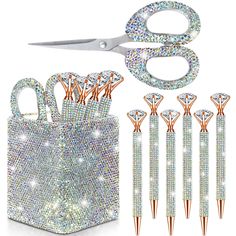 PRICES MAY VARY. Comprehensive Package: you will receive 1 desk pen holder, 1 bling scissors, and 6 bling pens; The comprehensive set provides all you need for a well organized and glamorous workspace; The quality rhinestones attached to these items sparkle consistently, enhancing the aesthetic appeal all the day long Exquisite Design: these glitter desk accessories boast a stunning AB color that adds a sophisticated touch to your workspace; The rhinestone pens display a stylish shine, attractin Bling Pens, Rhinestone Pens, Desk Pen Holder, Pencil Holders For Desk, Crystal Makeup, Pencil Holders, Rhinestone Crafts, Startup Business Plan, Diamond Pen