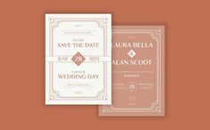 two wedding cards with the words save the date and an art deco design on them