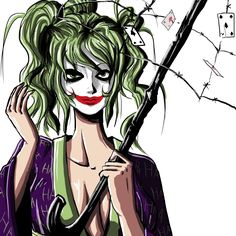 a drawing of a woman with green hair and makeup holding an umbrella in front of her face