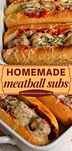 homemade meatball subs in a white casserole dish with text overlay