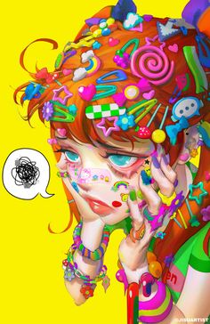 a digital painting of a woman with colorful hair and jewelry on her head, holding her hands to her face