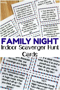 family night indoor scavenger hunt cards with text overlay