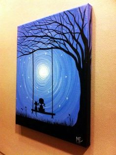 a painting on the wall of a child's room with a swing and tree