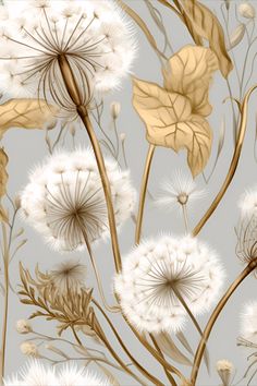 an image of dandelions and leaves on a gray background with gold foiling