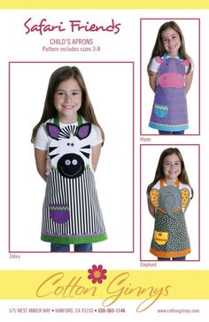 children's aprons and dress sewing pattern from the book safari friends by child's aprons