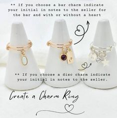 Design Your Own Ring! Elevate your style with our charming customizable rings. Add a touch of sophistication to your look by incorporating your favorite charms and trinkets. Perfect for showcasing your unique style and creativity. STARS AND MOONS ARE ONLY IN GOLD AND ROSE GOLD SO IF YOU ORDER IN STERLING RING BAND YOU WILL GET A MIXED METAL CHARM RING. :)NOTE: If personalization on stamped discs or bar charms is not indicated upon checkout we will try to reach out via email, if we do not hear ba Rings Personalized, Bridesmaid Rings, Design Your Own Ring, Charm Ring, Three Rings, Custom Charms, Rose Ring, Initial Ring, Charm Rings