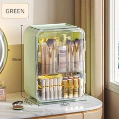 Color: green Vanity Table Organization, Led Light Mirror, Luxury Vanity, Pink Lamp, Cosmetic Storage Box, Green Lamp, Box Bedroom, Luxury Mirror, Makeup Storage Box