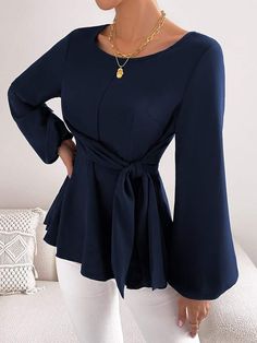 SHEIN Privé Lantern Sleeve Tie Front Peplum Blouse | SHEIN USA Peplum Top Outfits, Navy Blue Outfit, Blouse Peplum, Dark Blue Blouse, Blue Lantern, Lantern Sleeved Blouses, Navy Blue Blouse, Casual Wear Women, Dressy Blouse