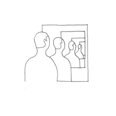 a line drawing of three people looking at their reflection in a mirror with one person taking a selfie