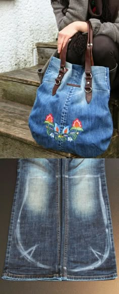 a woman is sitting on a bench with a purse in her hand and the jeans are ripped