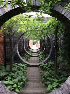 a brick walkway surrounded by trees and greenery on either side of the path is an archway that leads to another building