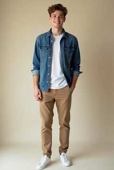 Men Clothes Style: Casual Outfit Man for Streetwear Lovers Blue Jeans Jacket Outfit, Casual Outfit Man, Jeans Jacket Outfit, Blue Jean Jacket Outfits, Mens Outfit Ideas, Layering Style, Mens Smart Casual Outfits, Mens Business Casual Outfits, High Fashion Men